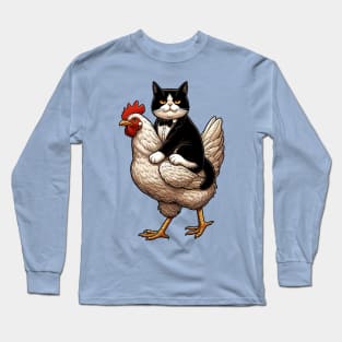 Tuxedo Cat Riding on A Chicken Long Sleeve T-Shirt